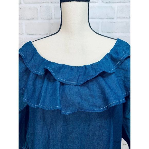 Cover Stitched Womens Denin Top‎ Cascade Collar M - Picture 2 of 7